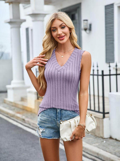 Ribbed Solid Color V-Neck Tank for Women Stylish Wear - Selvanelle