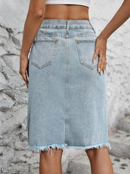 Raw Hem Slit Denim Skirt for Trendy Casual Wear - Selvanelle
