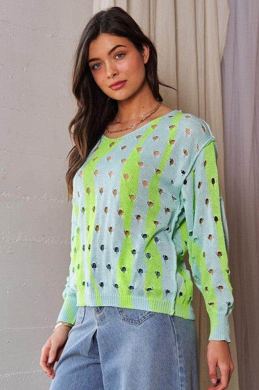 Davi & Dani Two-Tone Ribbed Hem Openwork Knit Top Style - Selvanelle