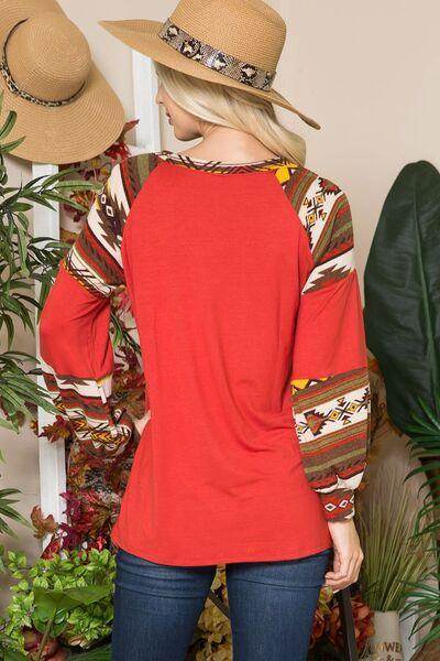Celeste Full Size Geometric Round Neck Long Sleeve Top - Selvanelle