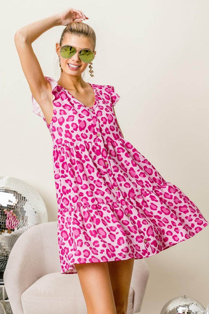 BiBi Leopard Cap Sleeve Tiered Mini Dress for Stylish Looks - Selvanelle