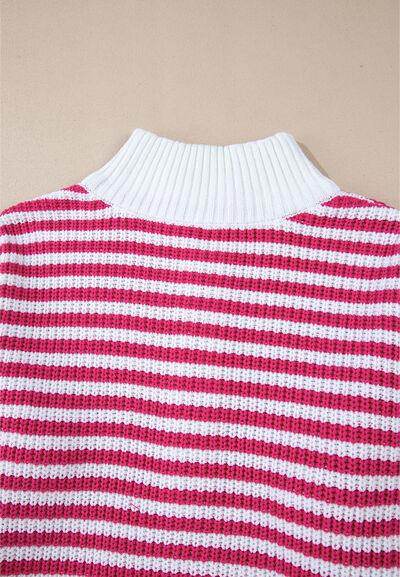 Striped Half Zip Mock Neck Long Sleeve Sweater for Women - Selvanelle
