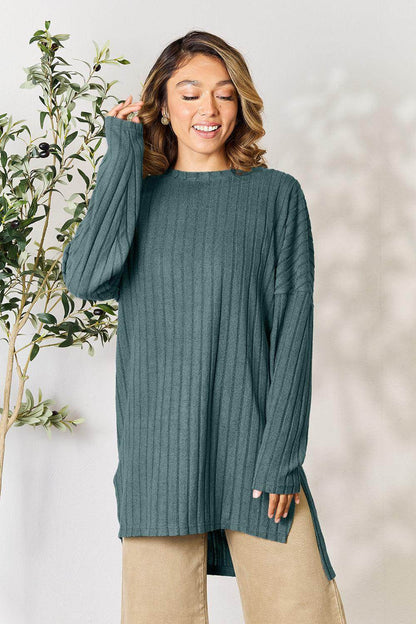 Basic Bae Full Size Ribbed Round Neck Long Sleeve Slit Top - Selvanelle