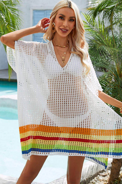 Angel Wings Rainbow Stripe Openwork Slit Cover-Up - Selvanelle