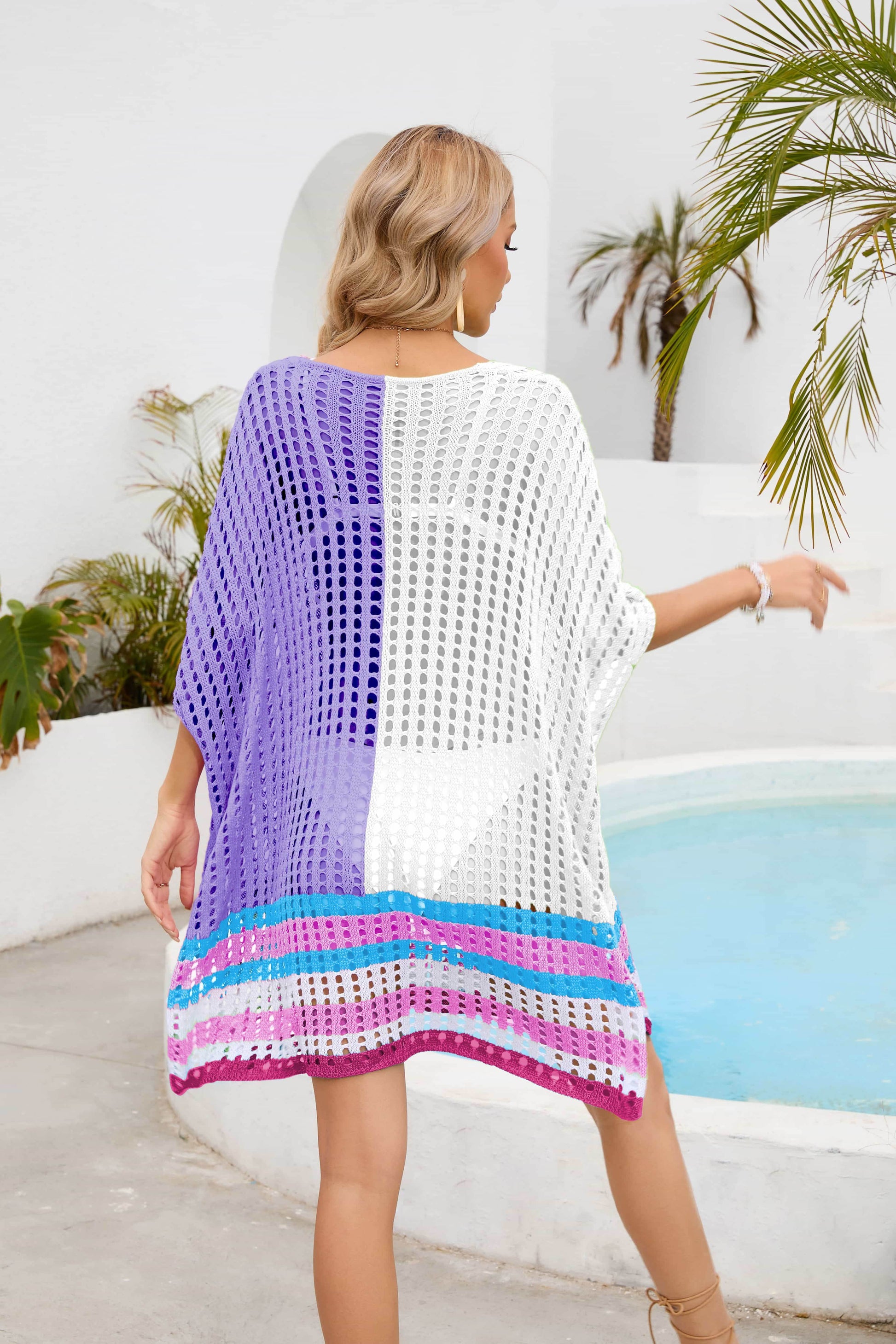 Contrast Scoop Neck Openwork Half Sleeve Cover Up - Selvanelle