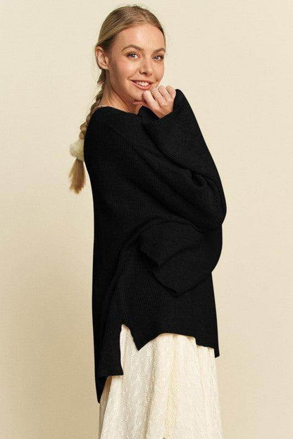 Davi & Dani High-Low Round Neck Drop Shoulder Sweater - Selvanelle