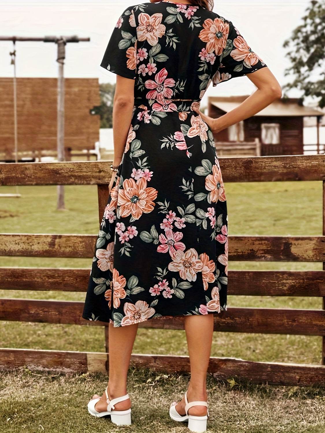 Tied Floral Surplice Short Sleeve Dress - Selvanelle