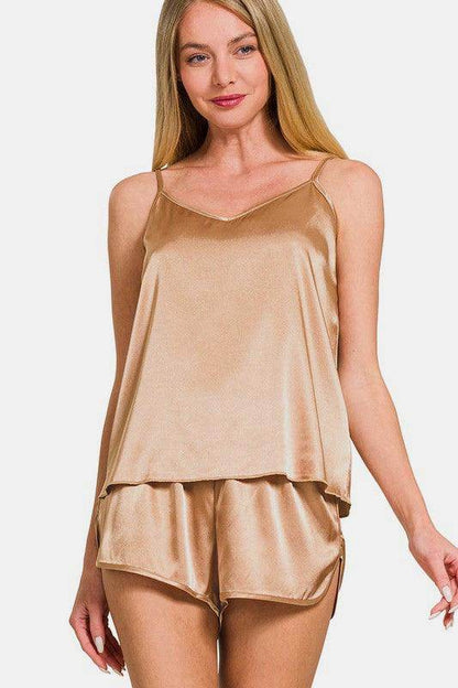 Zenana V-Neck Satin Cami and Elastic Waist Shorts Set - Selvanelle