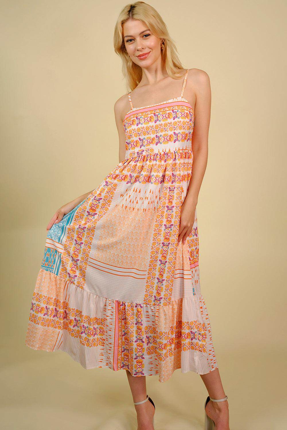 Printed Spaghetti Strap Smocked Midi Dress for Women - Selvanelle
