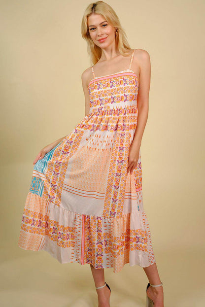 Printed Spaghetti Strap Smocked Midi Dress for Women - Selvanelle