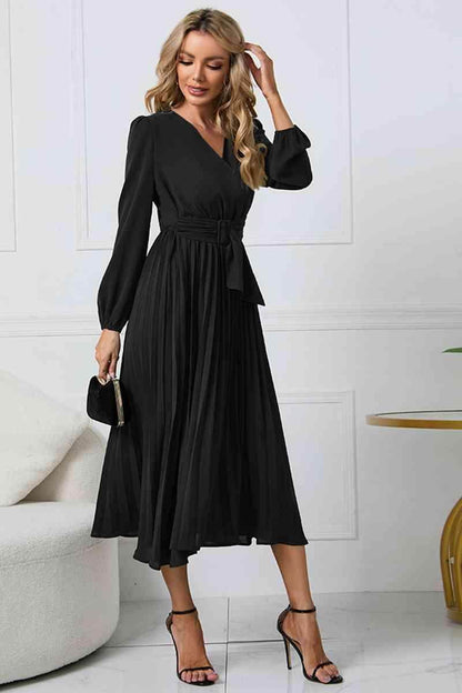 V-Neck Long Sleeve Tie Waist Midi Dress for Women - Selvanelle