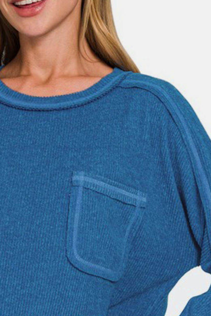 Zenana Full Size Contrast Stitching Brushed Ribbed Hacci Knit Top Plus Size - Selvanelle