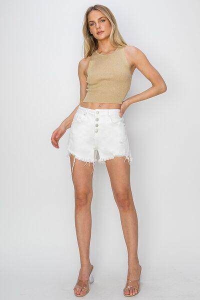 RISEN Button Fly Frayed Hem Denim Shorts for Women - Selvanelle