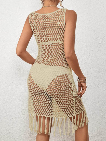 Tassel Hem Hollow Out Sleeveless Cover Up - Selvanelle