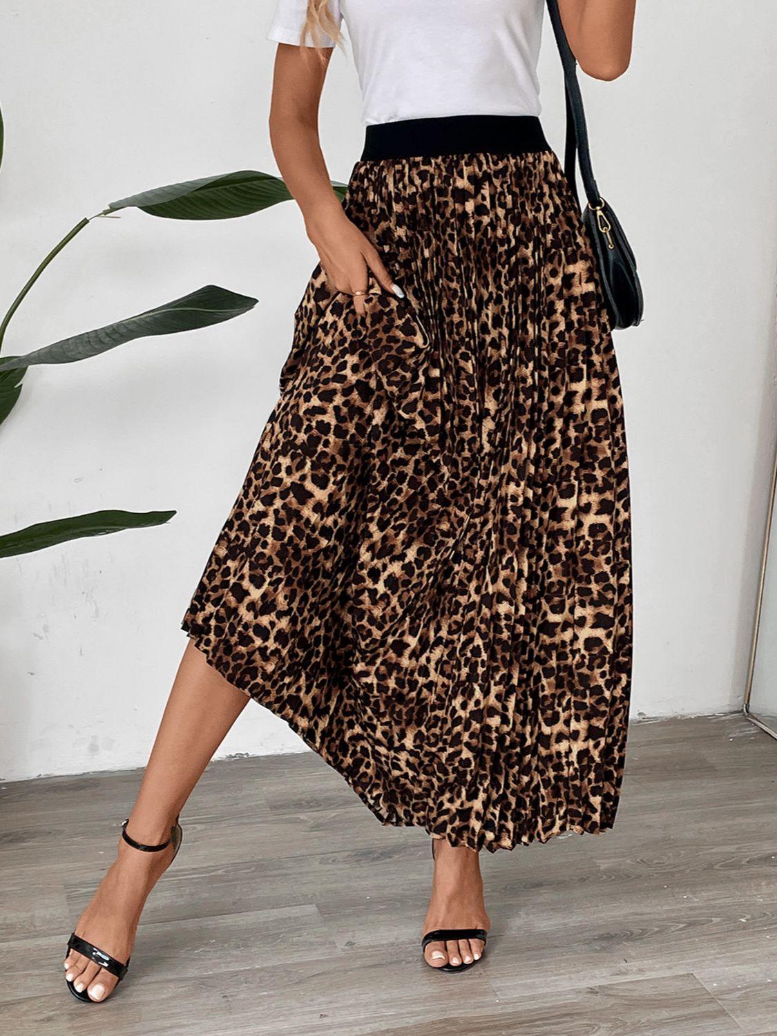 Perfee Pleated Leopard Maxi Skirt for Women Fashion Style