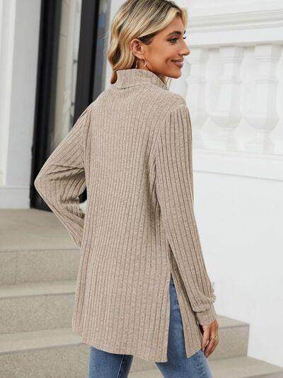 Slit Mock Neck Long Sleeve T-Shirt for Women with Pocket - Selvanelle