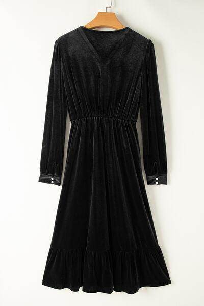Ruffle Hem Slit V-Neck Long Sleeve Dress for Women - Selvanelle