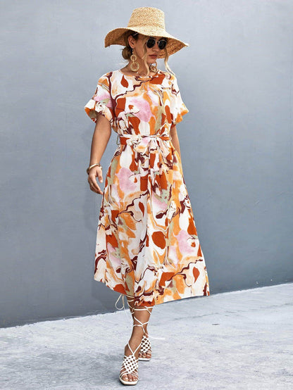 Round Neck Short Sleeve Tie Waist Midi Dress for Women - Selvanelle