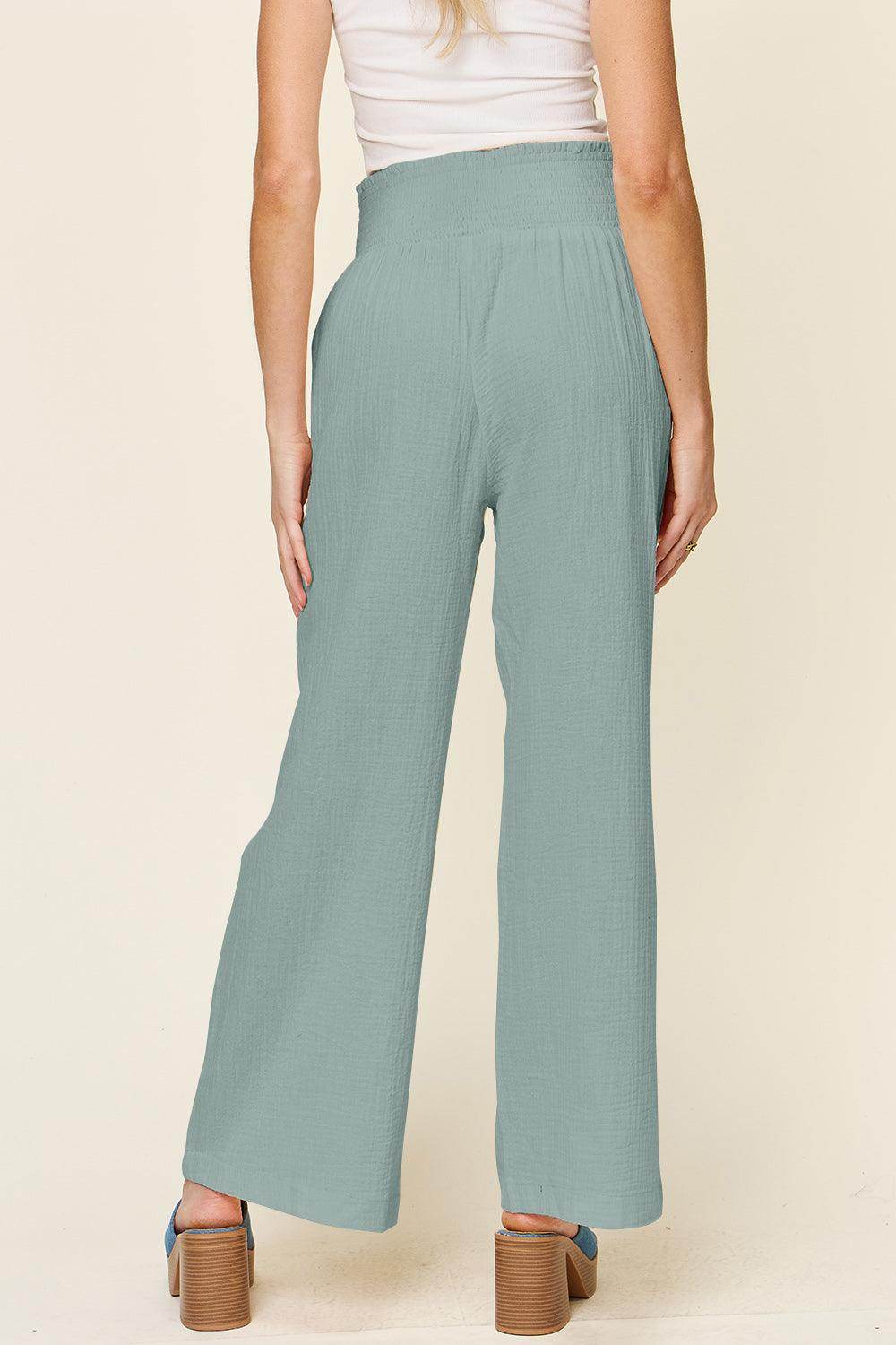 Double Take Full Size Texture Smocked Waist Wide Leg Pants For Women - Selvanelle