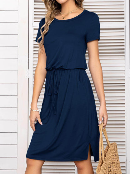Round Neck Short Sleeve Slit Dress with Pockets for Women - Selvanelle