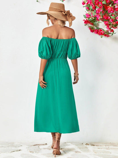 Off-Shoulder Balloon Sleeve Midi Dress for Chic Style - Selvanelle