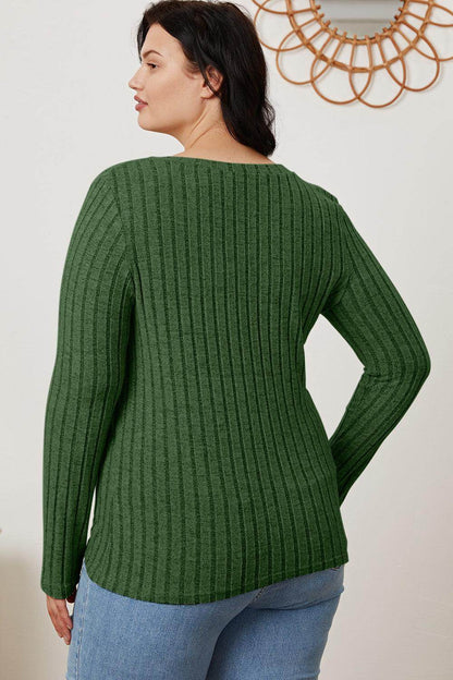 Basic Bae Full Size Ribbed V-Neck Long Sleeve T-Shirt - Selvanelle
