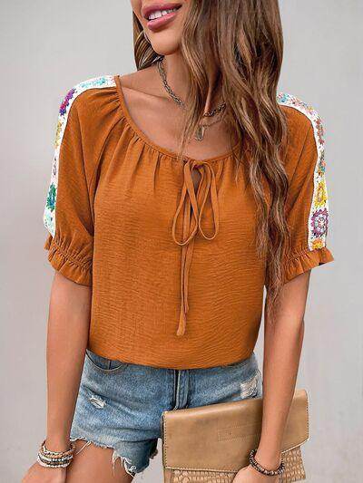 Perfee Tied Crochet Detail Short Sleeve Blouse for Women - Selvanelle