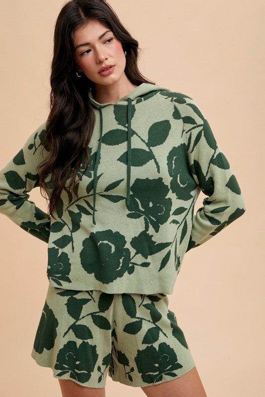 Annie Wear Flower Pattern Drawstring Hooded Top and Shorts Set - Selvanelle