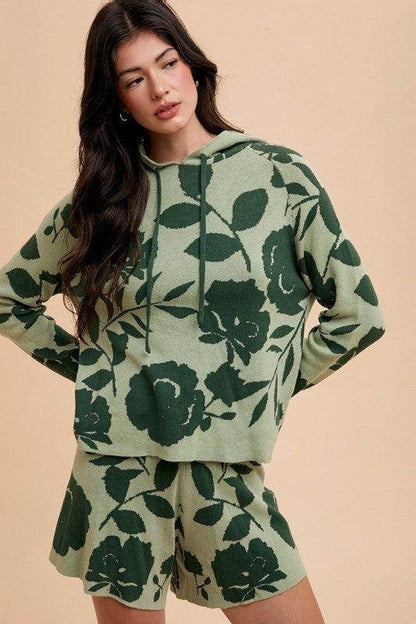 Annie Wear Flower Pattern Drawstring Hooded Top and Shorts Set - Selvanelle