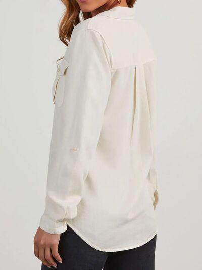 Collared Neck Roll-Tab Sleeve Denim Top for Women - Selvanelle