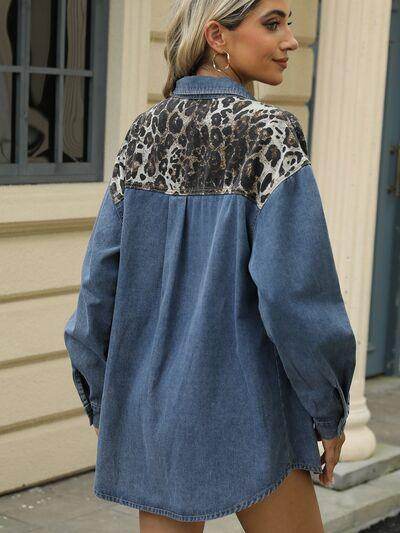 Leopard Button Up Long Sleeve Denim Jacket for Women - Selvanelle