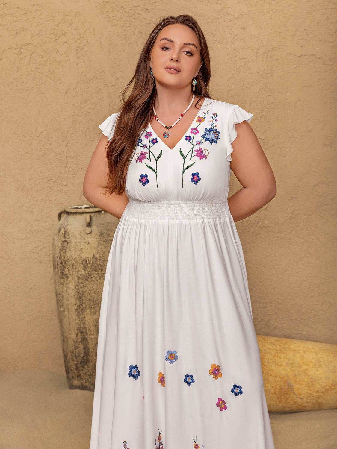 Plus Size Embroidered Floral V-Neck Cap Sleeve Maxi Dress - Selvanelle