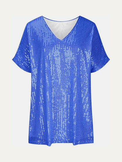 Full Size Sequin V-Neck Short Sleeve Top for Women - Selvanelle