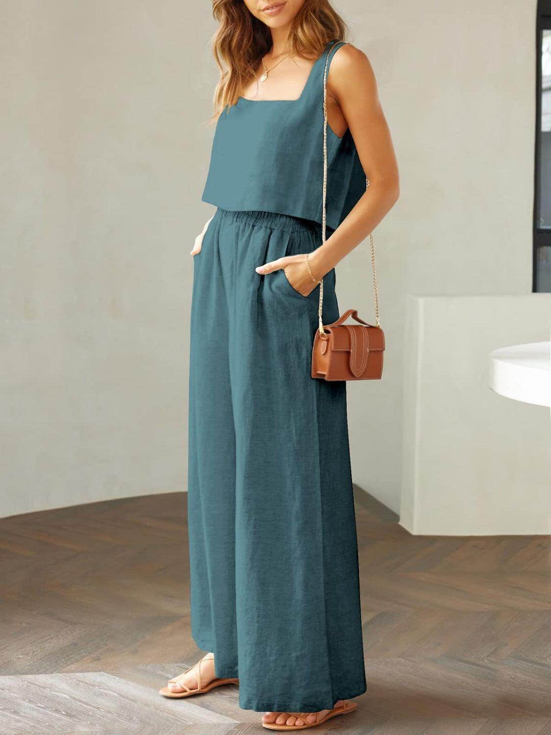 Square Neck Top and Wide Leg Pants Set for Women - Selvanelle