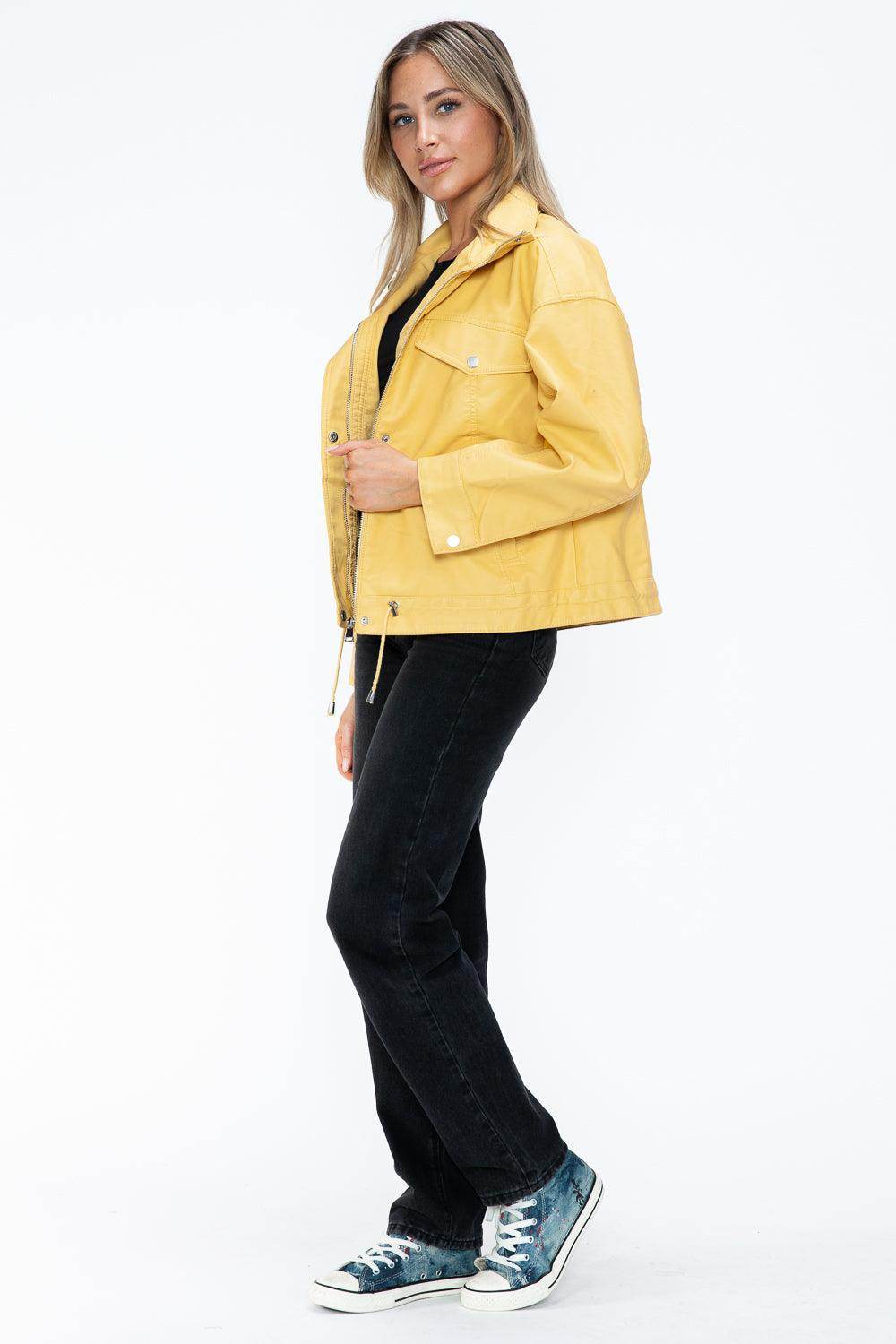 How Dare U Drawstring Hem PU Leather Zip Up Jacket for Women - Selvanelle