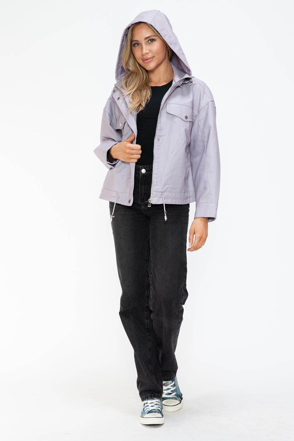 How Dare U Drawstring Hem PU Leather Zip Up Jacket Women - Selvanelle