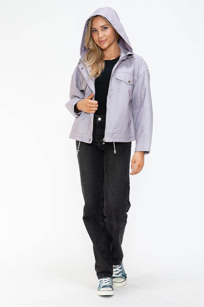 How Dare U Drawstring Hem PU Leather Zip Up Jacket Women - Selvanelle