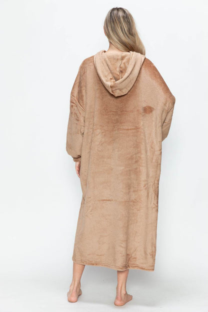 Double Take Full Size Pocketed Hooded Midi Lounge Dress - Selvanelle
