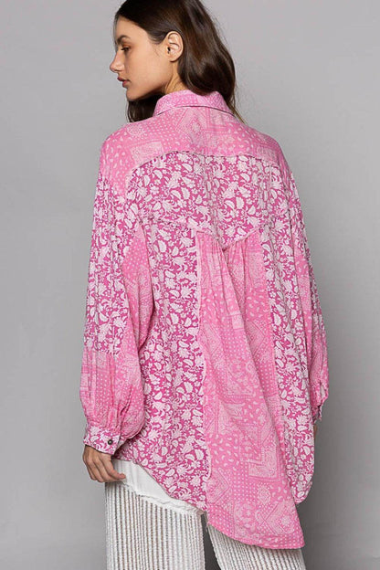 POL Button Down Long Sleeve Paisley Print Shirt for Women - Selvanelle