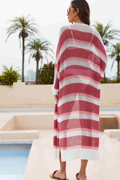 Striped Open Front Side Slit Duster Cover Up - Selvanelle