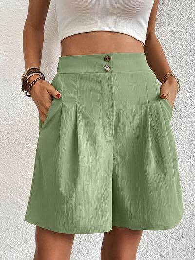 Pocketed Half Elastic Waist Shorts with Side Pockets - Selvanelle