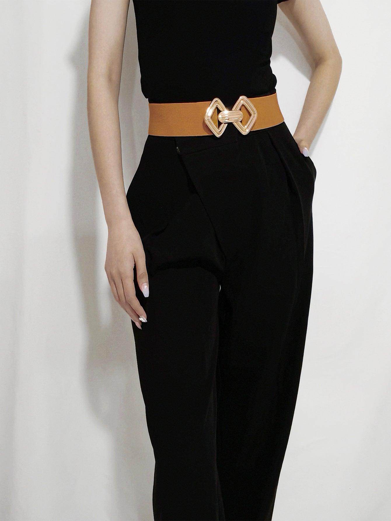 Geometric Buckle Elastic Wide Belt for Stylish Comfort - Selvanelle