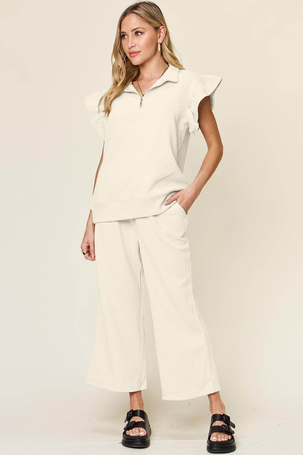 Double Take Texture Ruffle Short Sleeve Top and Pants Set - Selvanelle