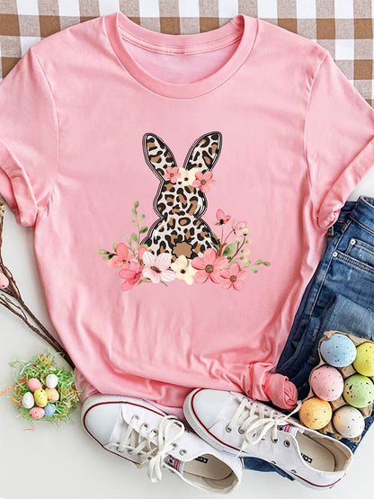 Rabbit Round Neck Short Sleeve T-Shirt - Selvanelle