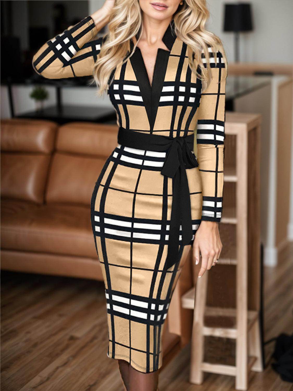 Plus Size Plaid V-Neck Long Sleeve Wrap Dress for Women - Selvanelle