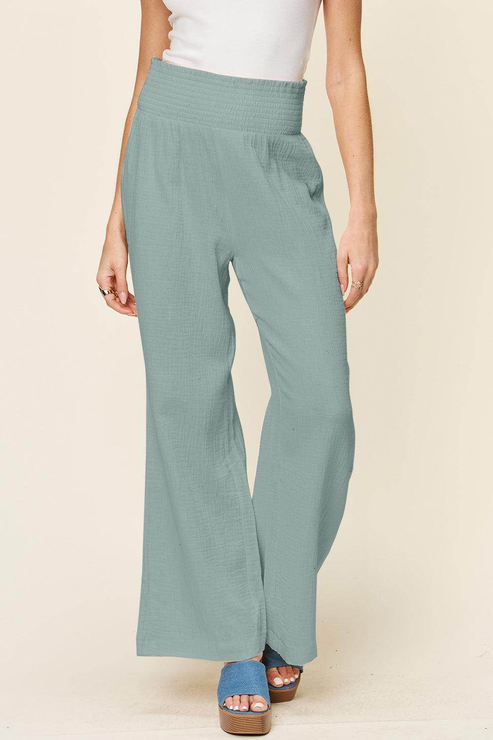 Double Take Full Size Texture Smocked Waist Wide Leg Pants For Women - Selvanelle