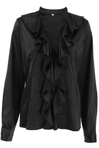 Ruffled Notched Long Sleeve Shirt for Women Stylish Fashion - Selvanelle