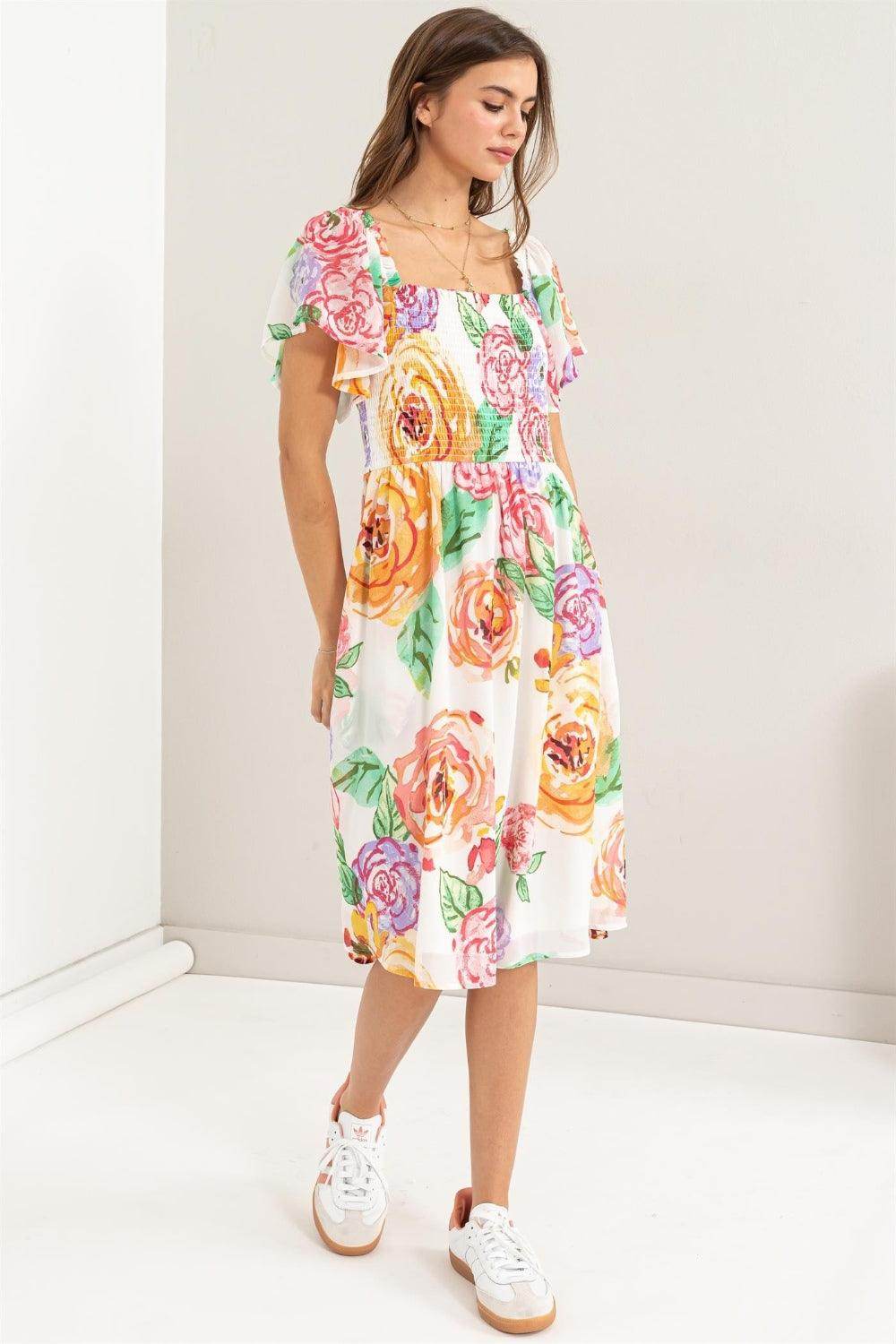 HYFVE Floral Flutter Sleeve Smocked Dress for Women - Selvanelle