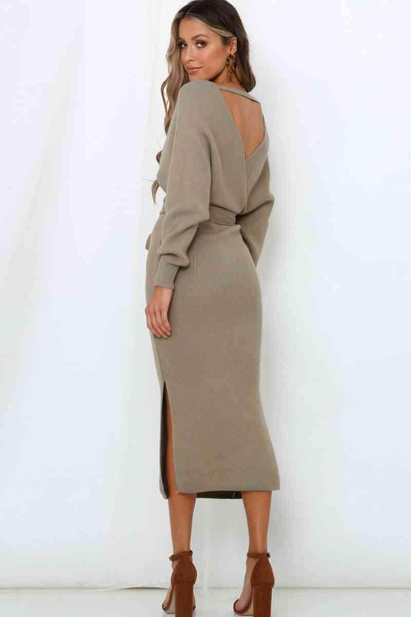 Surplice Neck Bow Waist Slit Sweater Dress for Women - Selvanelle