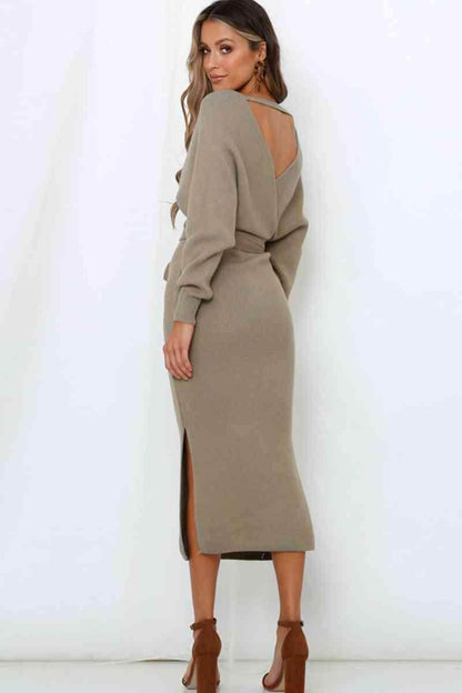 Surplice Neck Bow Waist Slit Sweater Dress for Women - Selvanelle